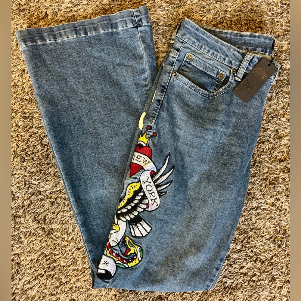 Ed Hardy Flared Jeans with Embroidered Patches